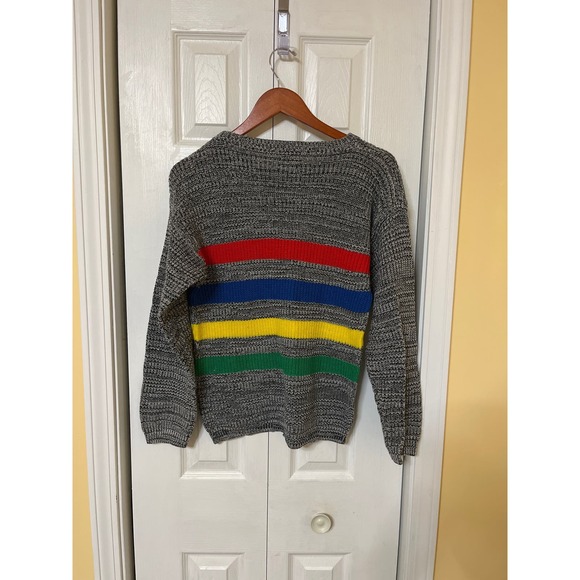 Vintage 80s Gray Acrylic Knit Rainbow Stripe Pull Over Crew Neck Sweater Medium - Picture 2 of 3